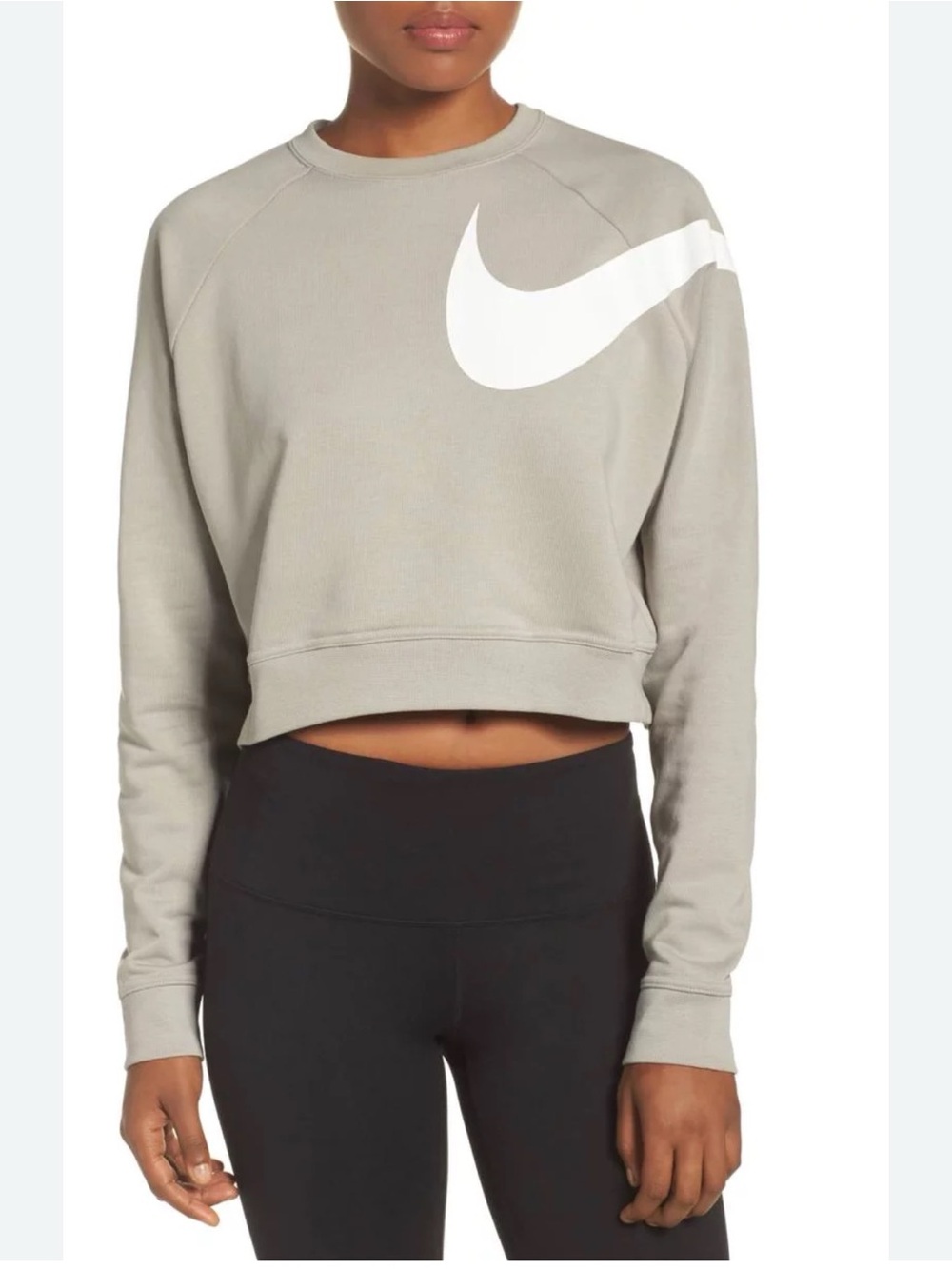 Nike Women's Taupe Cropped Crew Sweatshirt with White Swoosh